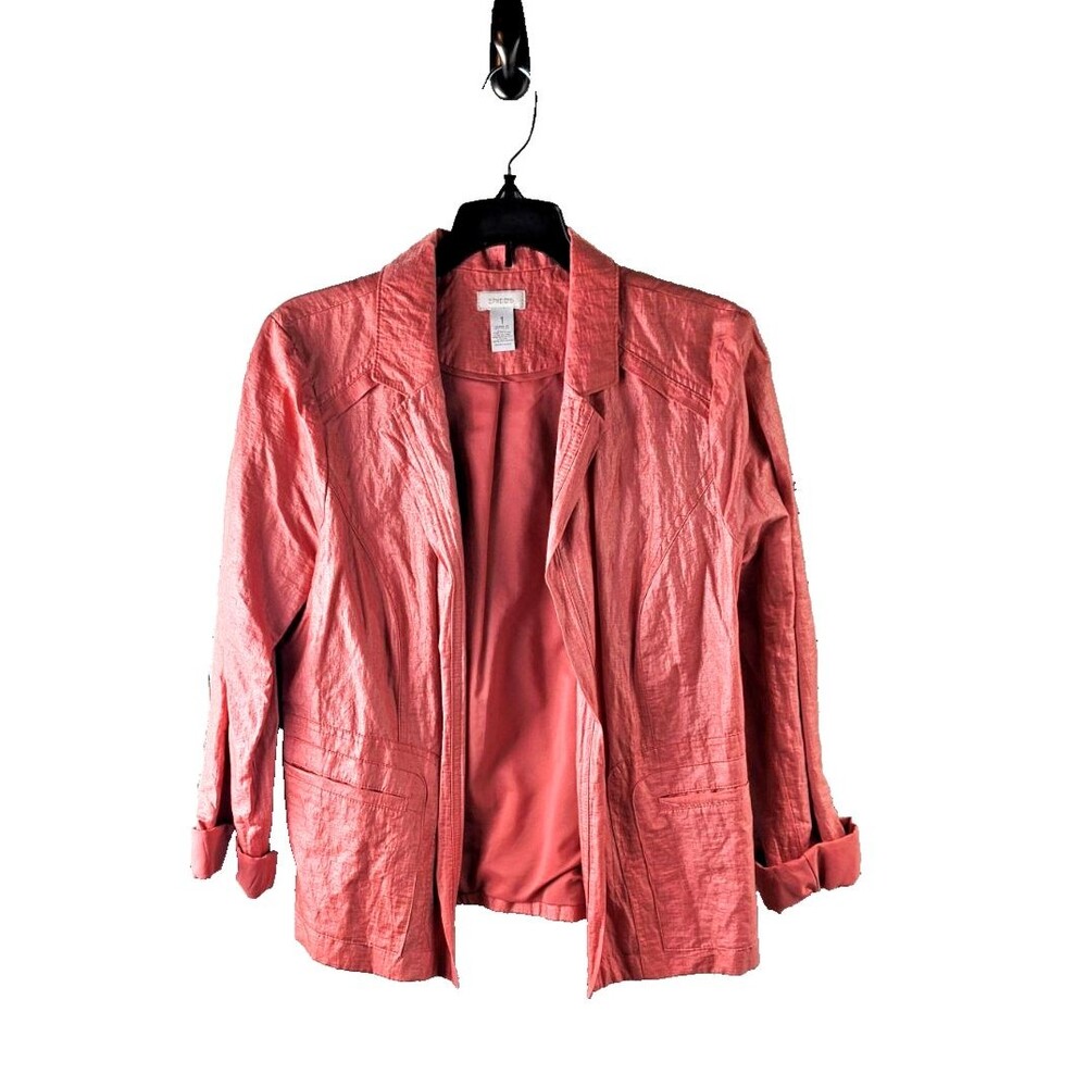 Chico's Women's Jacket sz 1 Salmon Tangerine Lightweight rolled sleeves